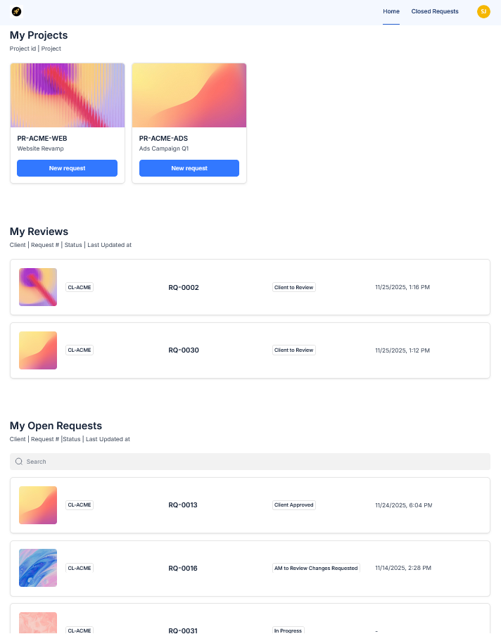 Agency OS client portal dashboard showing projects, reviews and open requests
